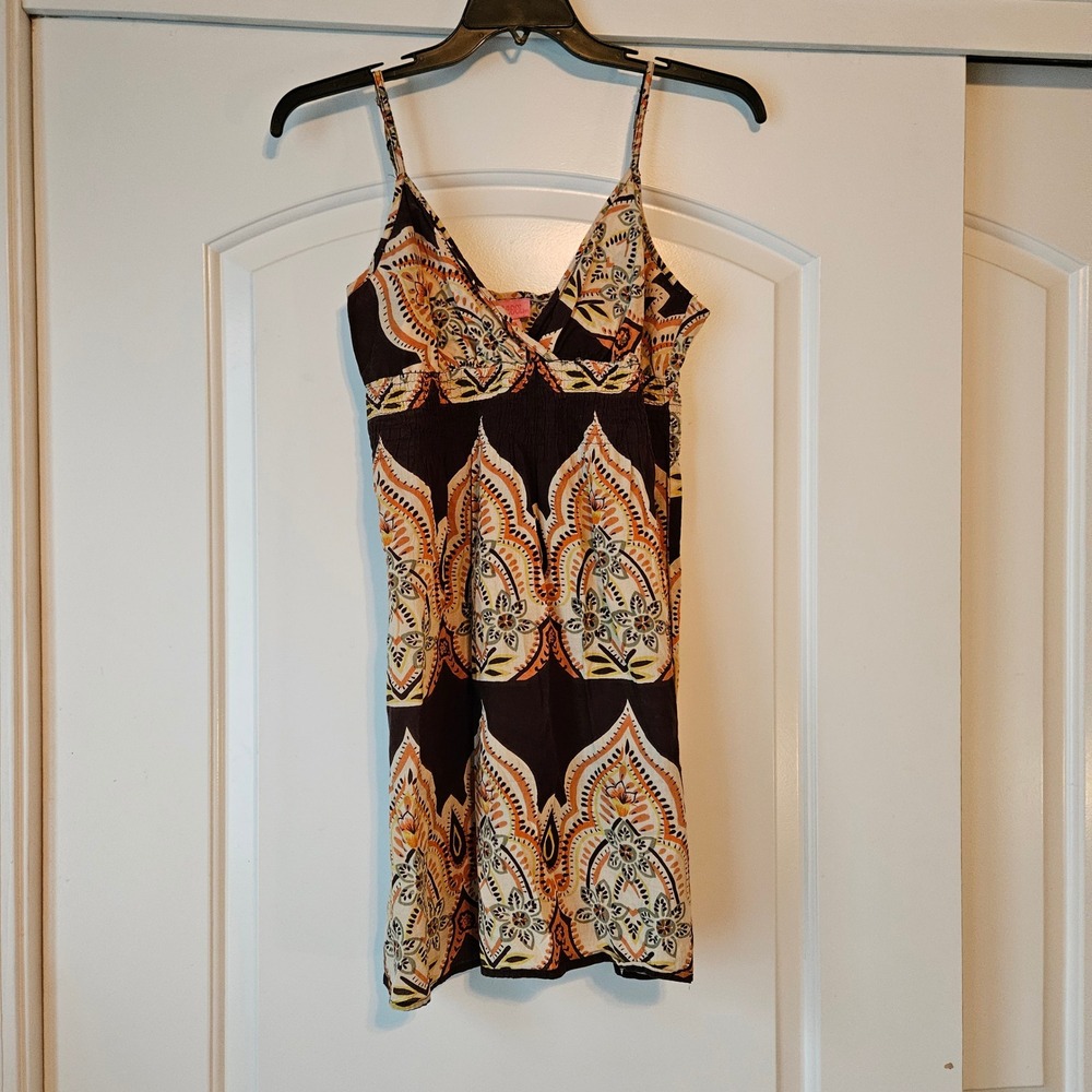 She's Cool Mini Dress Babydoll Medium Brown Floral‎ Y2K Paisley Boho Festival